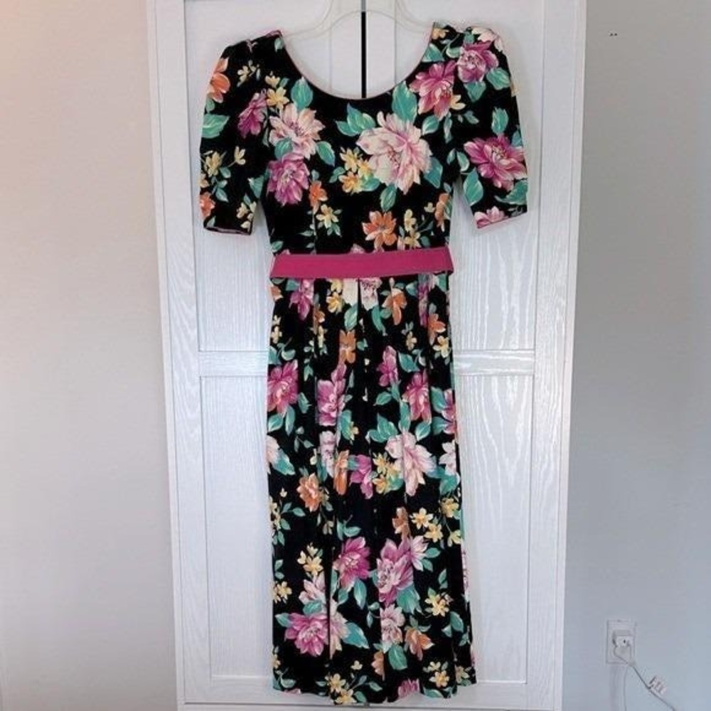 Vintage 80's Lanz Originals Black and Pink Puff Sleeve Floral Party Dress Size 4